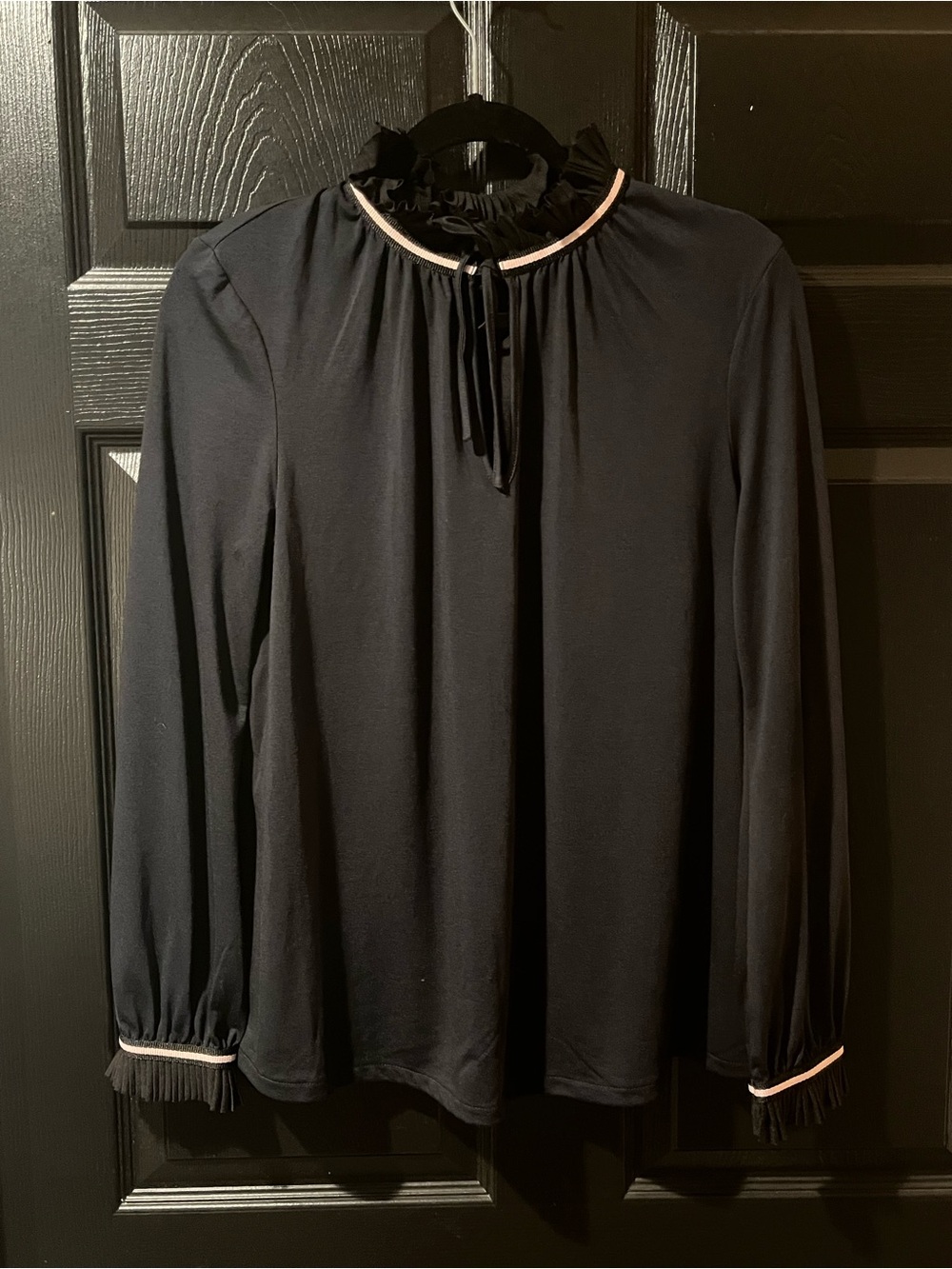 Boden Black Long-Sleeve Ruffle Tie Neck Top with Pink Contrast Trim